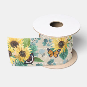 Watercolor zonnebloemen en vlinders op perkament satijnen lint