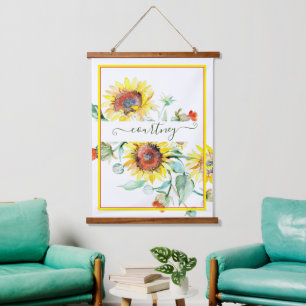 Watercolor zonnebloemen gepersonaliseerd  hangend wandkleed