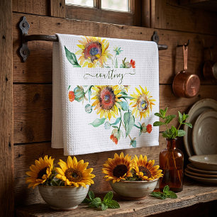 Watercolor zonnebloemen gepersonaliseerd theedoek