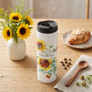 Watercolor zonnebloemen gepersonaliseerd thermosbeker