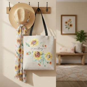 Watercolor zonnebloemen gepersonaliseerd tote bag