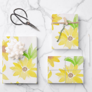 Watercolor Zonnebloemen Groen Geel Patroon    Inpakpapier Vel
