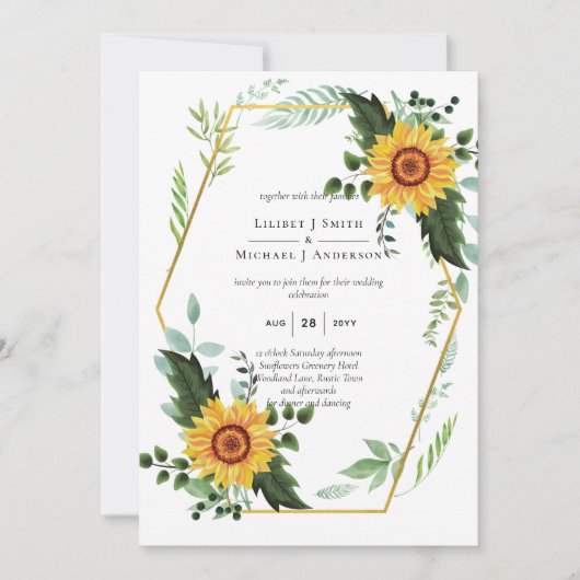 Watercolor ZONNEBLOEMEN Groene landelijke bruiloft Kaart (Voorkant)