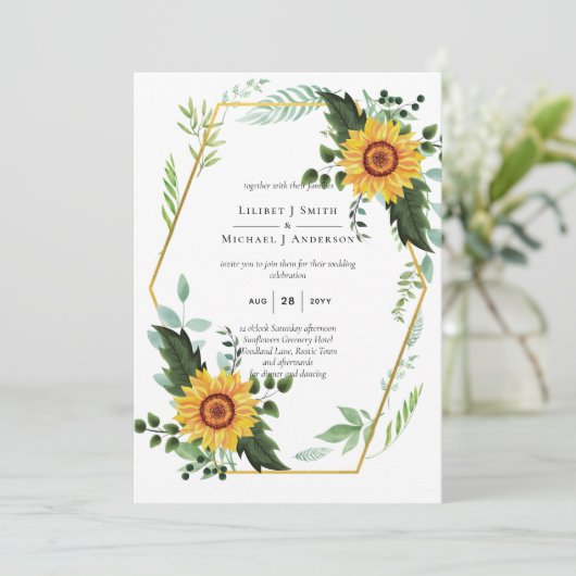 Watercolor ZONNEBLOEMEN Groene landelijke bruiloft Kaart (Staand voorkant)