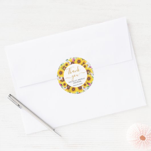 Watercolor Zonnebloemen Krans Bruidsfeest Ronde Sticker (Envelop)