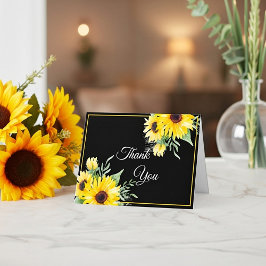 Watercolor zonnebloemen op zwarte trouw bedankkaart