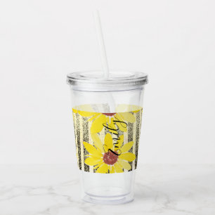 Watercolor Zonnebloemen Strepen Monogram Naam  Ac Acryl Drinkbeker