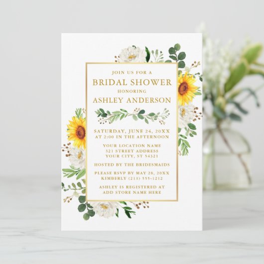 Watercolor Zonnebloemen Witte Bloem Bruiloft Feest Kaart (Staand voorkant)