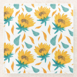 Watercolor Zonnebloemen: Zomer Botanische Print Glazen Onderzetter