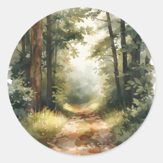 Watercolor Zonnig Bospad Schilderij Ronde Sticker
