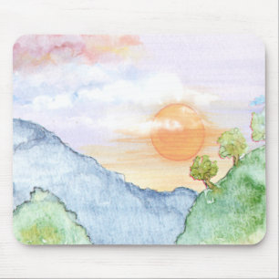 Watercolor Zonsondergang over Bergen & Bomen Muismat