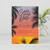 Watercolor zonsondergang palmstrand bruiloft save the date (Staand voorkant)