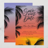 Watercolor zonsondergang palmstrand bruiloft save the date (Voorkant / Achterkant)