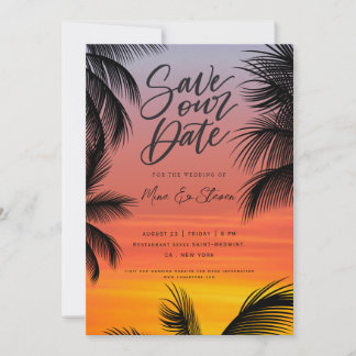 Watercolor zonsondergang palmstrand bruiloft save the date