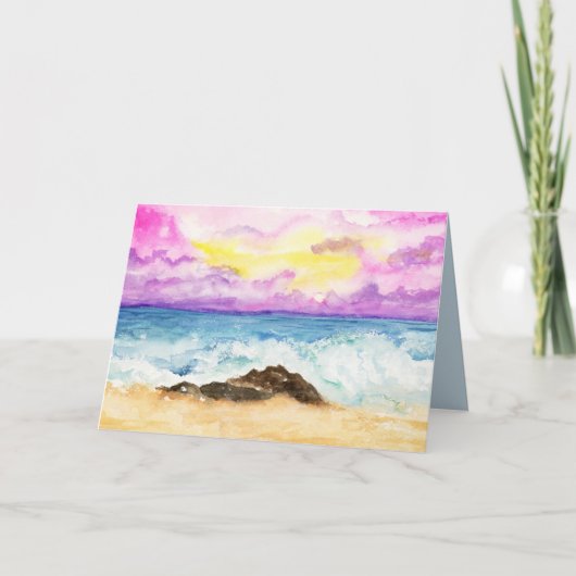 Watercolor Zonsondergang Strand Met Brekende Golve Kaart (Voorkant)