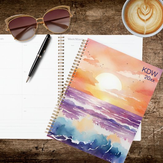Watercolor Zonsondergang Surf Monogram  Planner