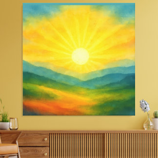 Watercolor Zonsopgang Landschapschilderij Canvas Afdruk