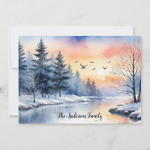 Watercolor Zonsopkomst Winter Vogels Meer Kerstmis