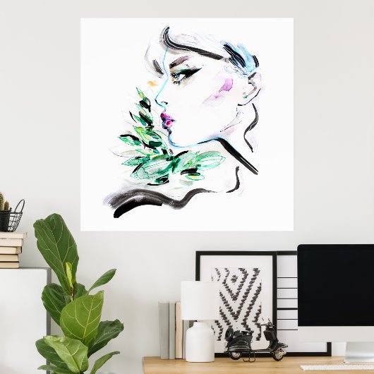 Watercolor Zwart Groen Modieuze Schilderkunst Bloe Poster (Thuiskantoor)