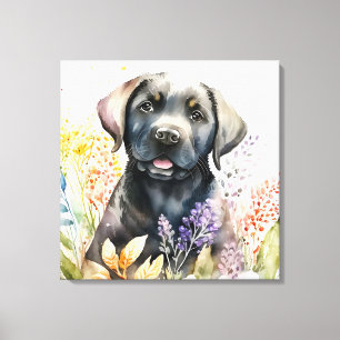 Watercolor Zwarte Labrador Retriever en Bloemen Canvas Afdruk