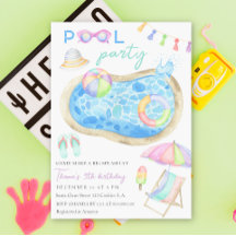 Watercolor zwembadfeest verjaardagsuitnodiging