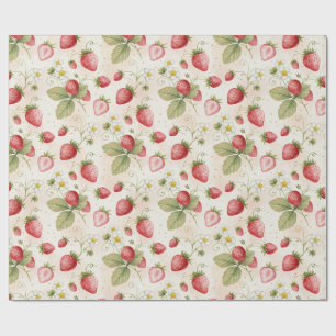 Watercoloraardbeien, bladeren en bloemen cadeaupapier