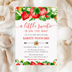 Watercoloraardbeien en bloemen baby shower kaart