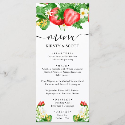 Watercoloraardbeien en witte bloemen bruiloft menu (Voorkant)