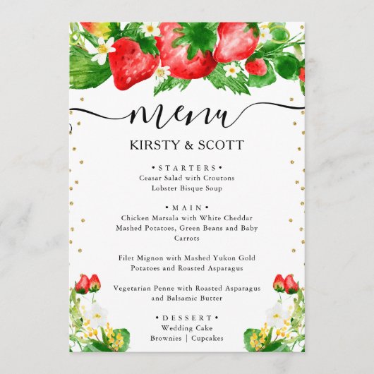 Watercoloraardbeien en witte bloemen bruiloft menu (Voorkant)