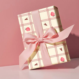 Watercoloraardbeien op roze ruitjes – Valentijn Cadeaupapier