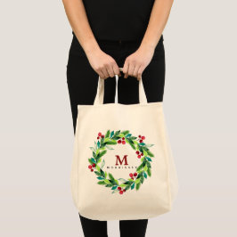 Watercolorbessen en hulstkrans monogram tote bag