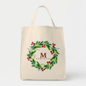 Watercolorbessen en hulstkrans monogram tote bag (Voorkant)