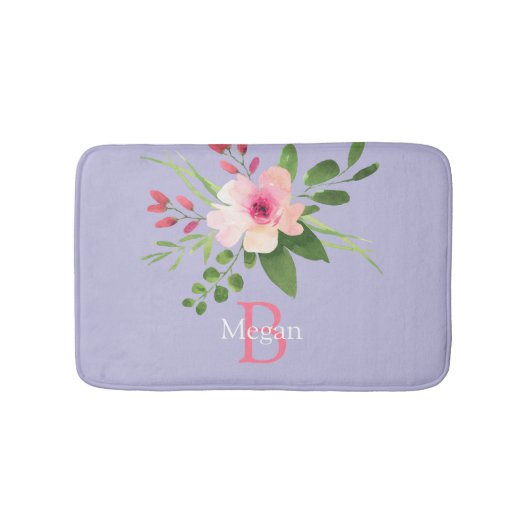 Watercolorbloem, naam & monogram op lavendel badmat (Voorkant)