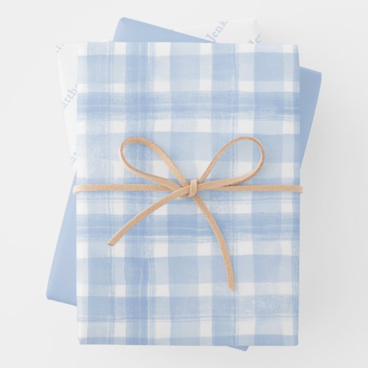 WatercolorBlue Gingham Wrapping Paper Sheet Set (In situ)