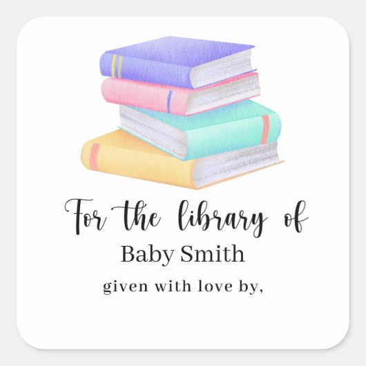 Watercolorboeken - Baby Shower Bibliotheek Vierkante Sticker (Voorkant)