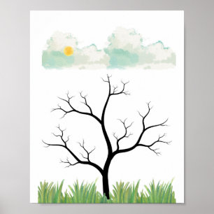 Watercolorboom met wolken en zon, natuur poster