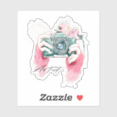 Watercolorcamera met roze bloemen sticker (Vel)
