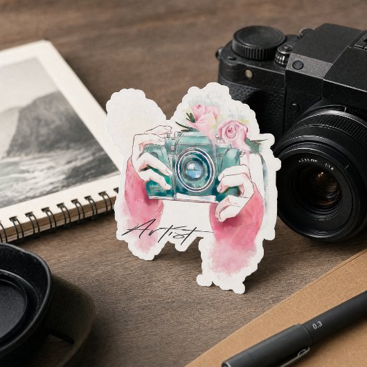 Watercolorcamera met roze bloemen sticker