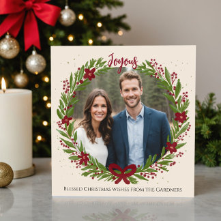 Watercoloren Krans Chic Groen Rode Strik Modern Fo Feestdagenkaart