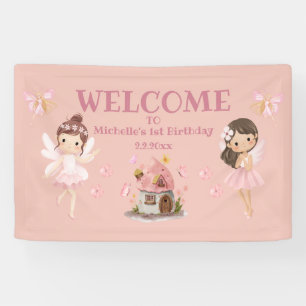 Watercolorfeeën en roze huis 1e verjaardag spandoek