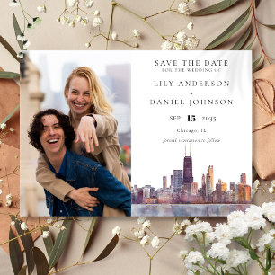 Watercolorfoto van de Chicago Skyline voor een Tro Save The Date