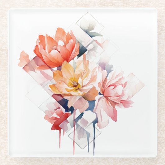 Watercolorful Flowers: "My Kitchen" Coaster Glazen Onderzetter (Voorkant)