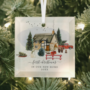 Watercolorhuis Eerste kerst in het nieuwe huis Glas Ornament