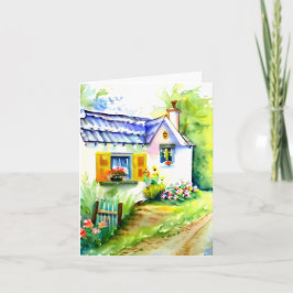 Watercolorhuisje en bloemen aanpasbaar kaart