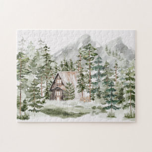 Watercolorhuisje in het groene dennenbos legpuzzel