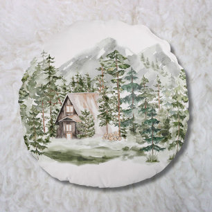 Watercolorhuisje in het groene dennenbos rond kussen