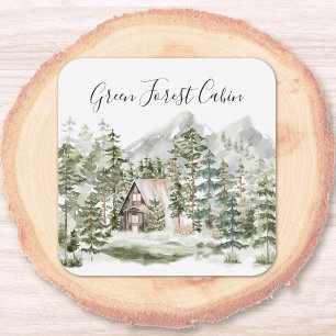 Watercolorhuisje in het groene dennenbos vierkante sticker