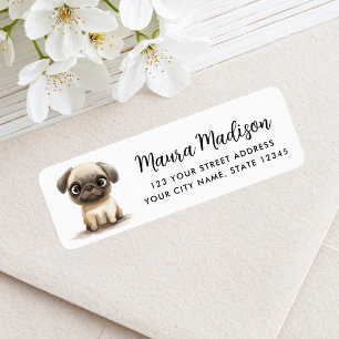 Watercolorillustratie van een pug-hond als retoura etiket