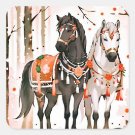 Watercolorpaarden in herfstloof: knusse herfstkuns vierkante sticker
