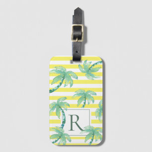 Watercolorpalmbomen en geel gestreepte monogram bagagelabel